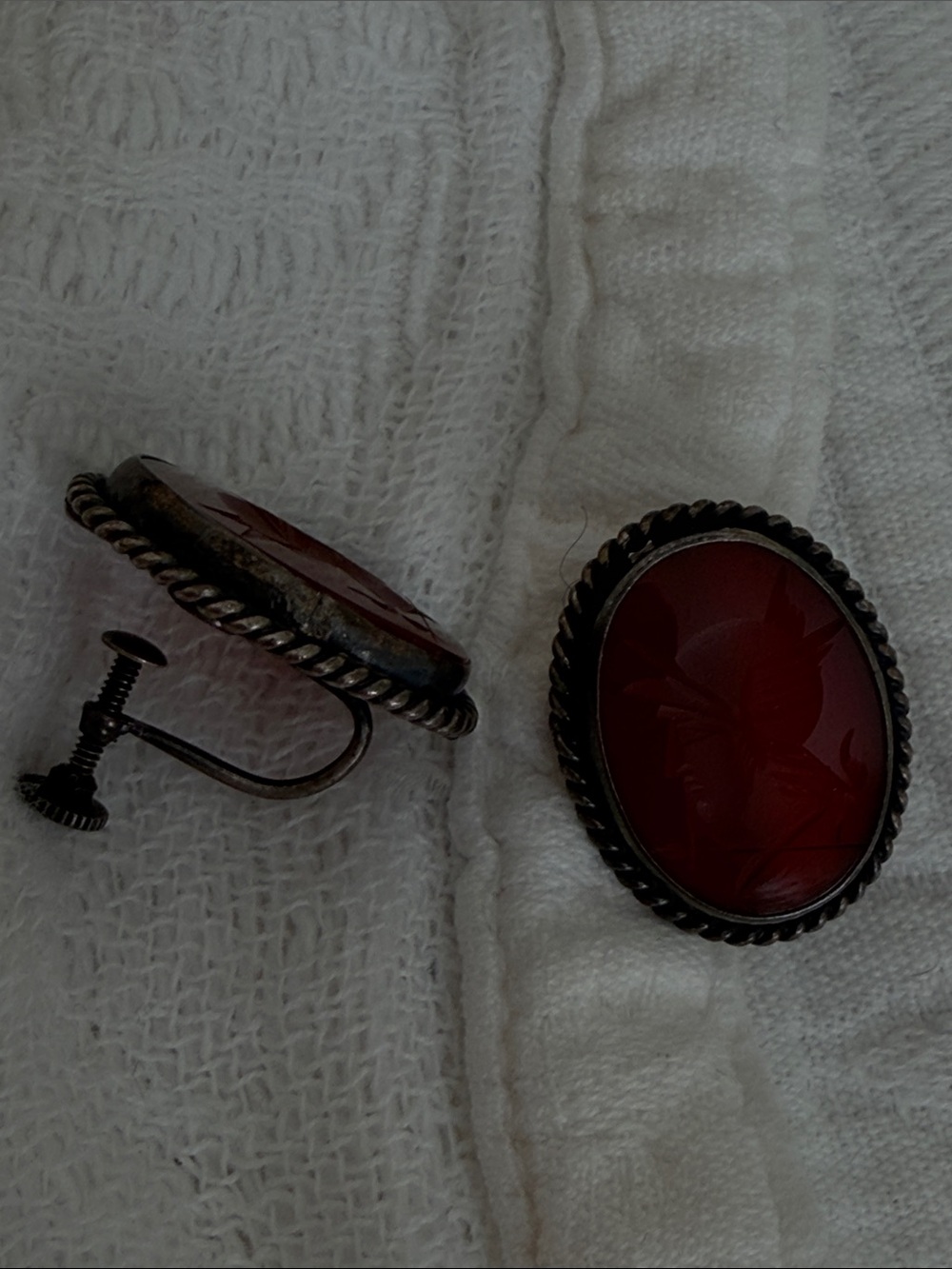 Vintage Mid-Century Sterling Silver Red Glass Intaglio Screw Back Earrings